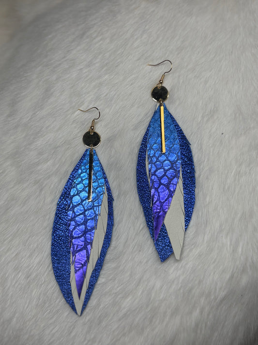 Leather Feather Earrings - Blue, purple, beige
