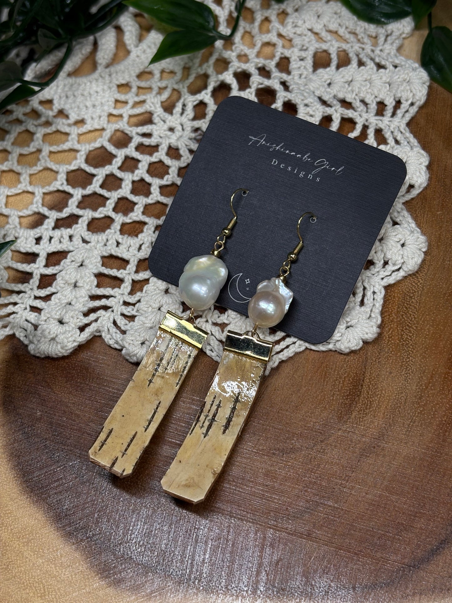 Birchbark and Fresh Water Pearl Earrings