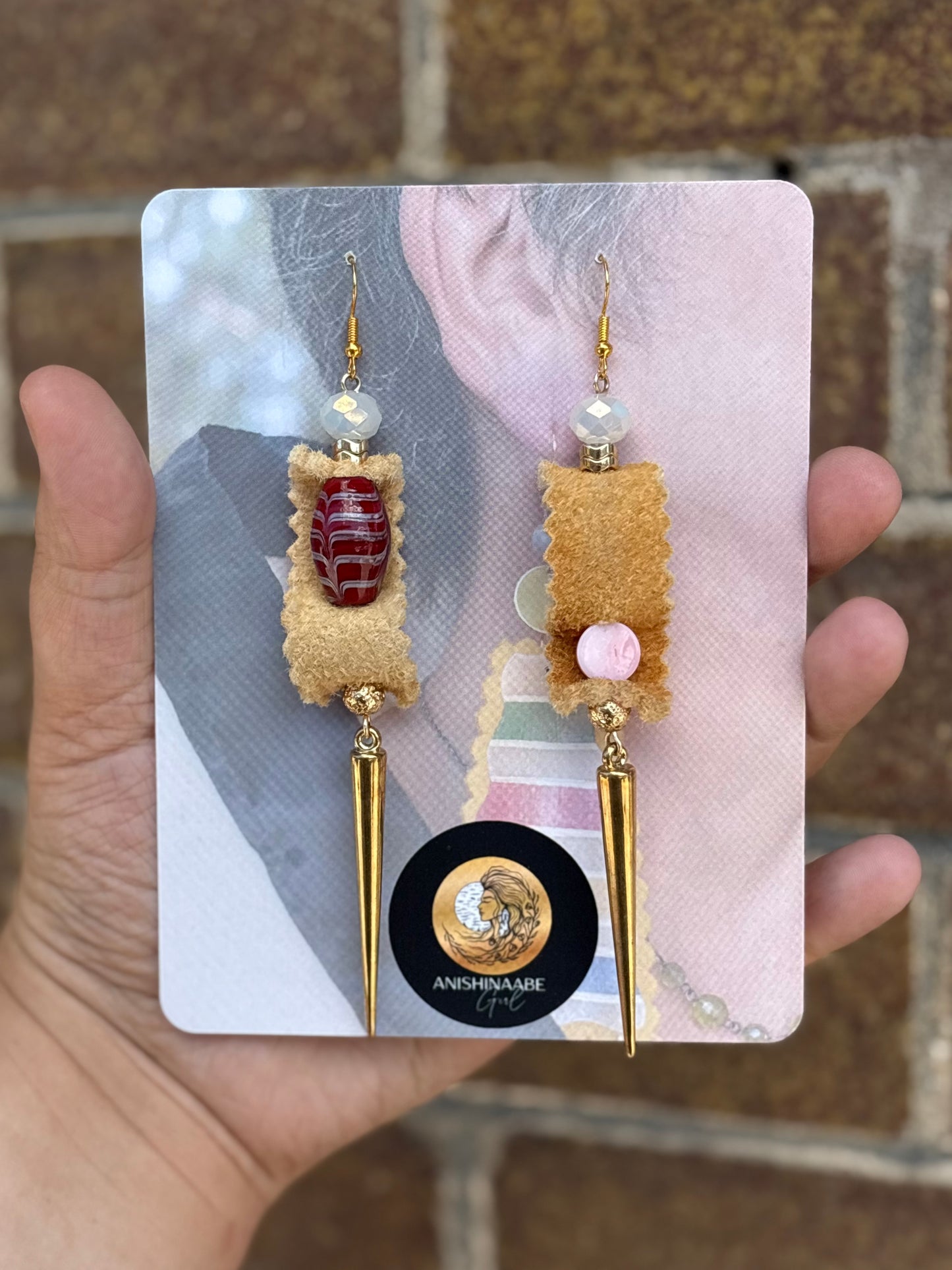 Pink Queen Conch, Glass Bead, & Home Tanned Moose Hide Earrings