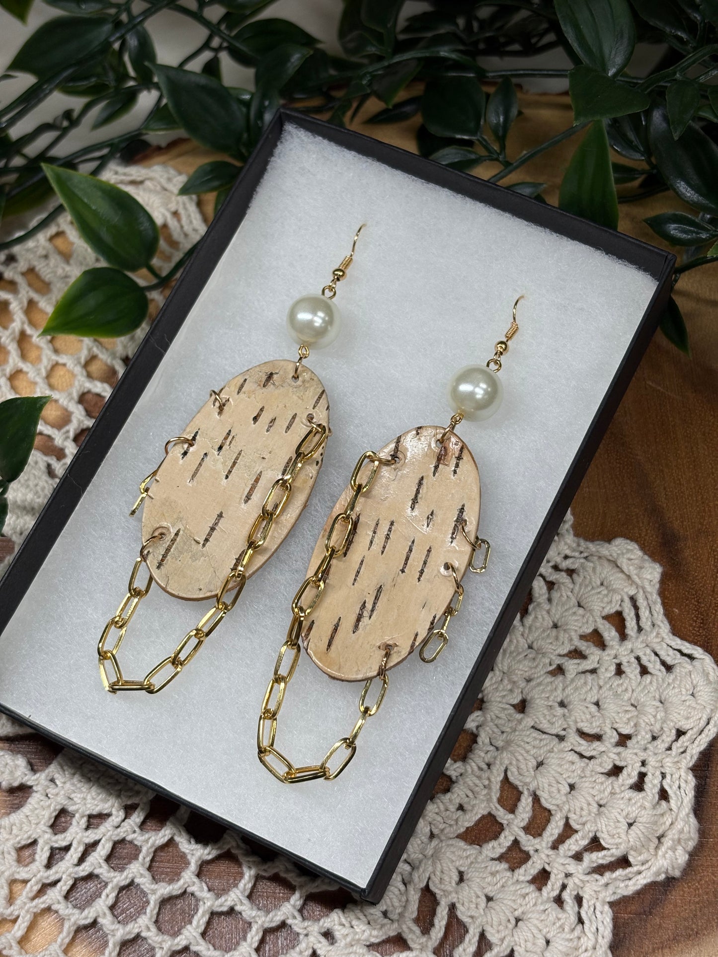 Birchbark with Gold Chain Earrings