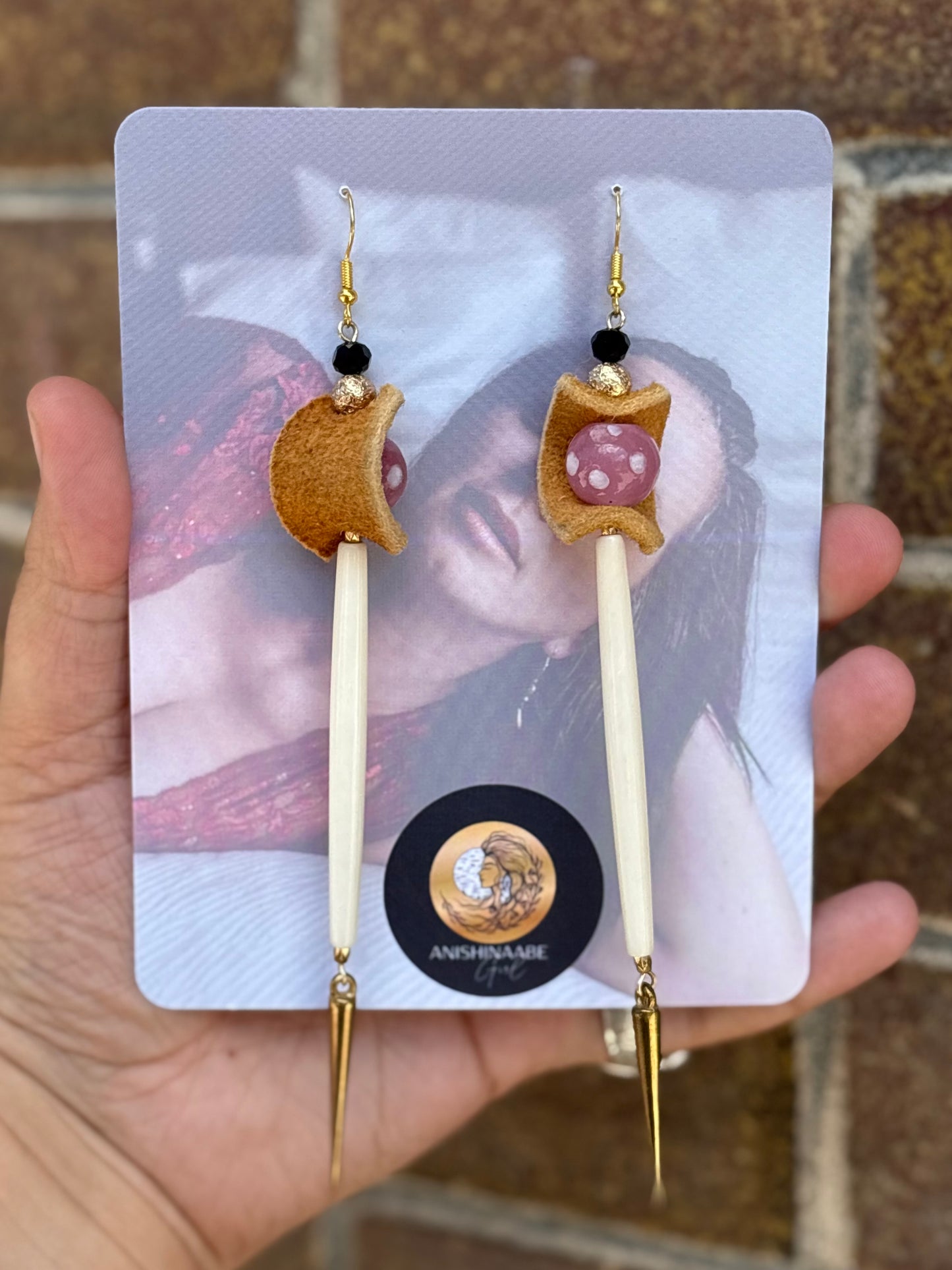 Trade Bead, Bone, and  Home Tanned Moose Hide  Earrings