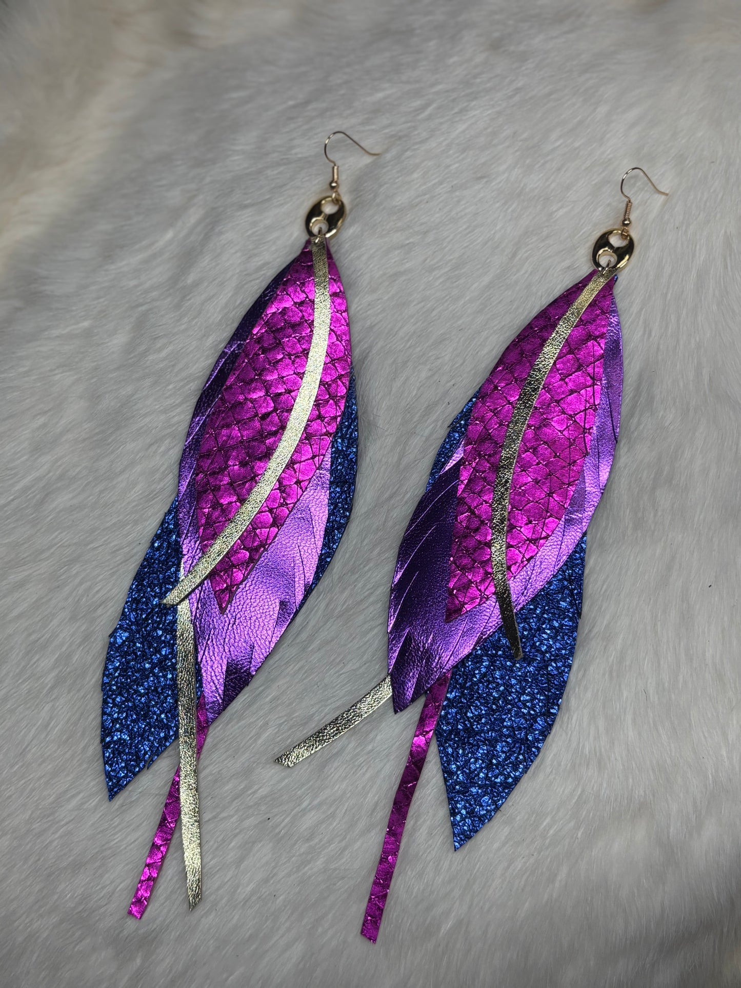 Leather Feather Earrings - Metallic pink, blue, purple, gold