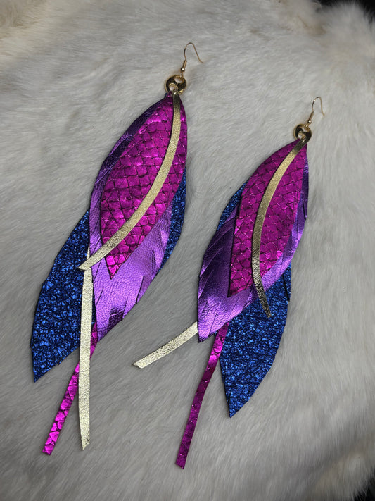 Leather Feather Earrings - Metallic pink, blue, purple, gold