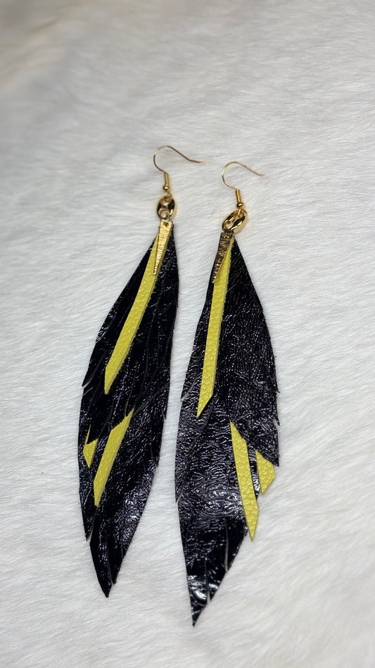 Leather Feather Earrings - Yellow & Metallic Black