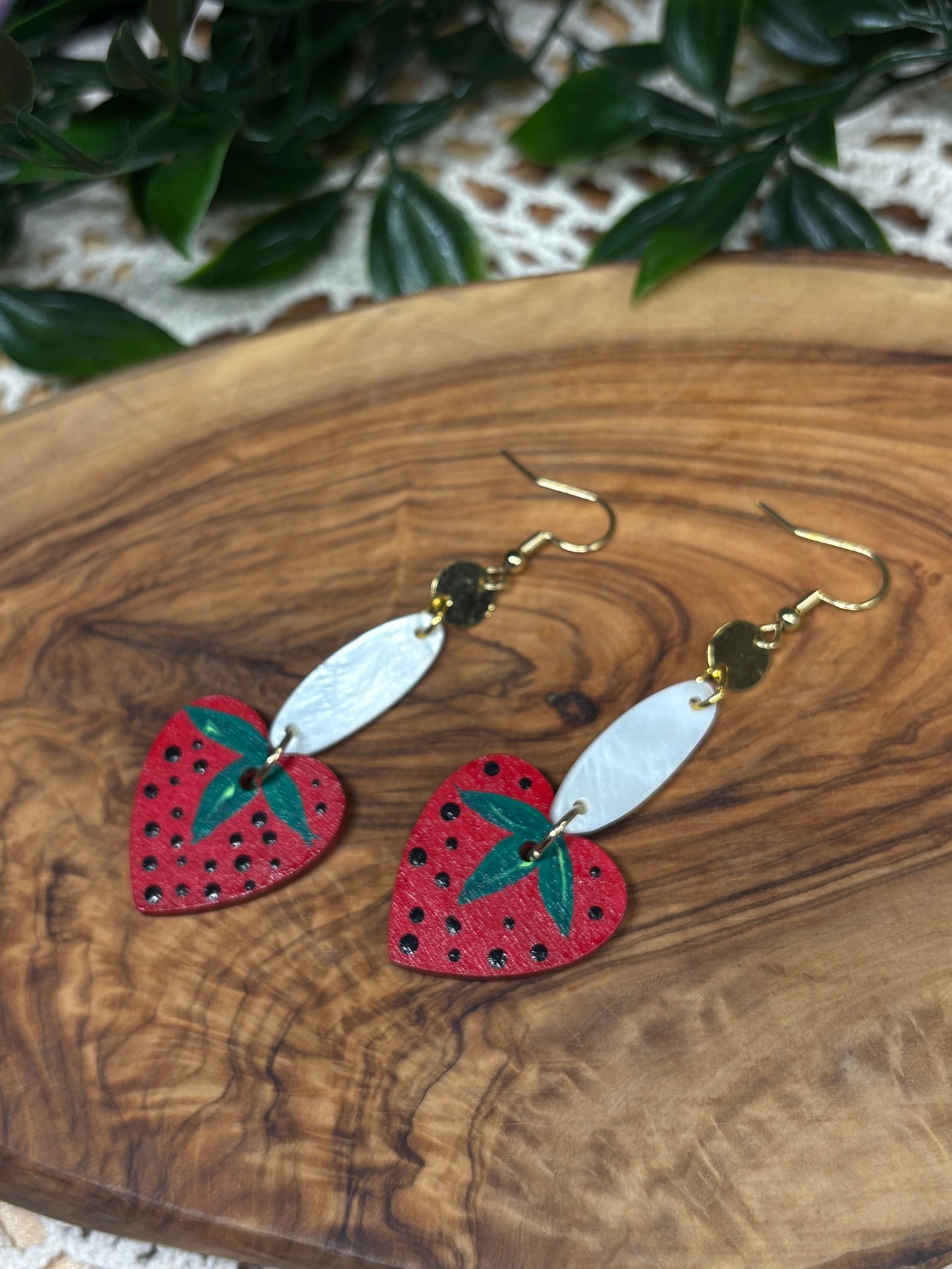 Red Strawberry & Shell Wooden Earrings