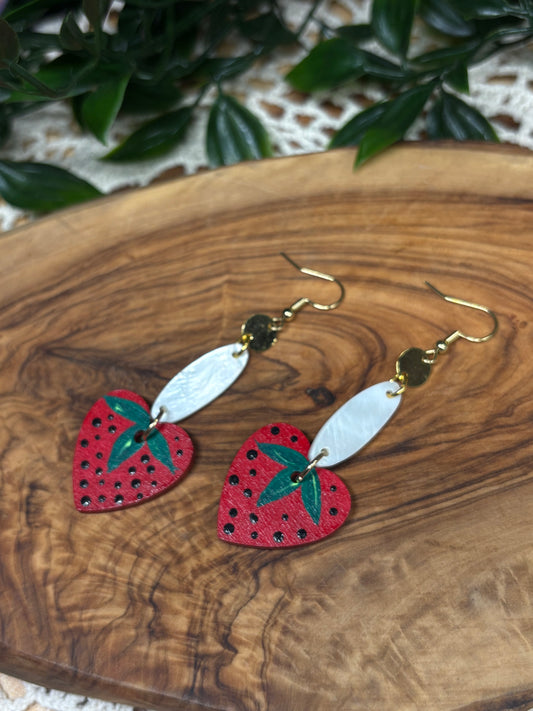 Red Strawberry & Shell Wooden Earrings