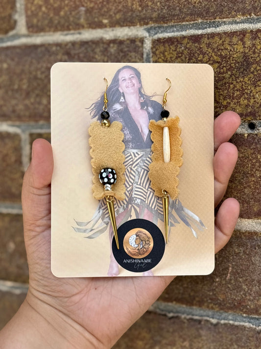 Trade Bead, Bone, and  Home Tanned Moose Hide Earrings