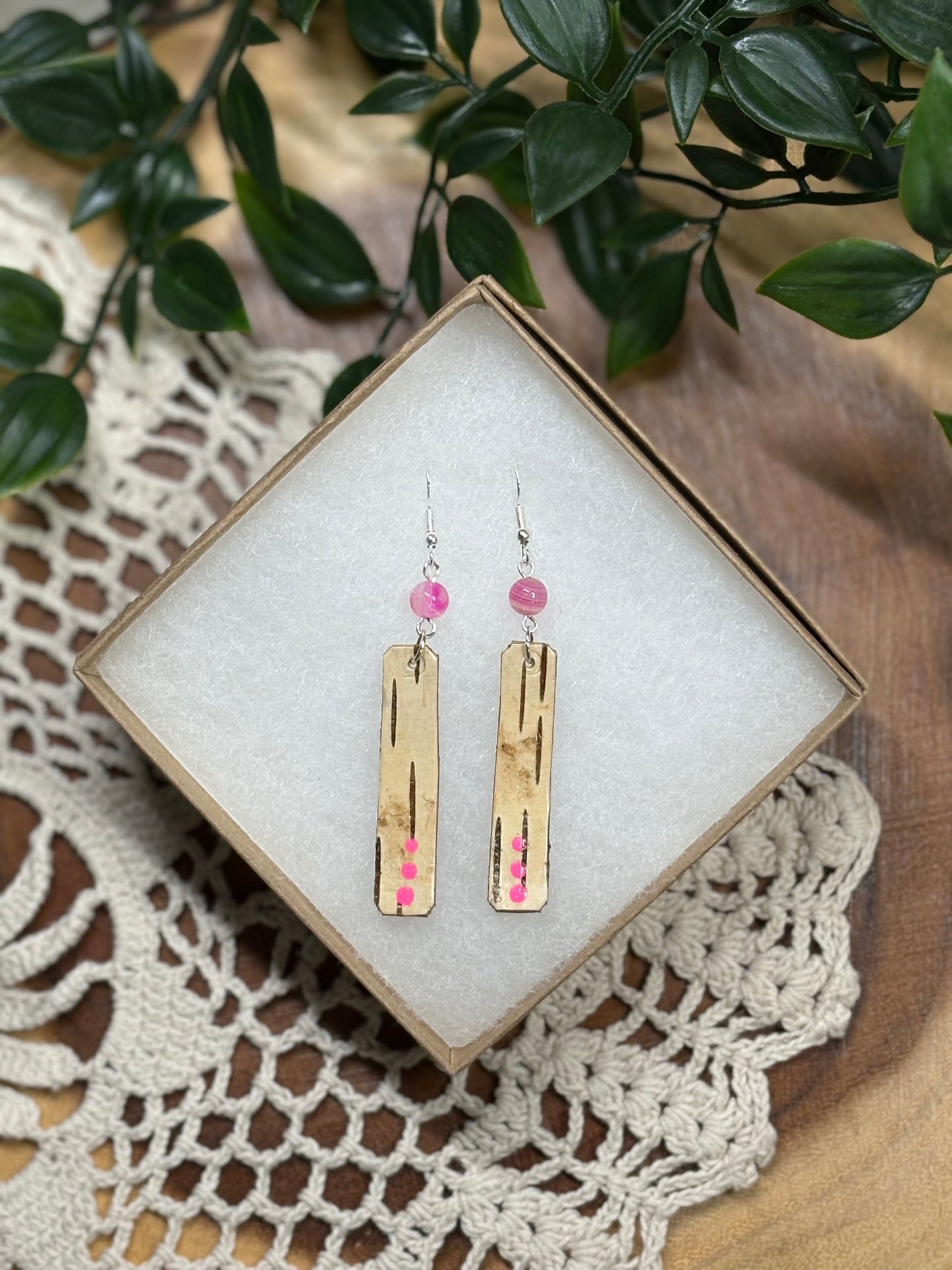 Pink Painted Birchbark Earrings