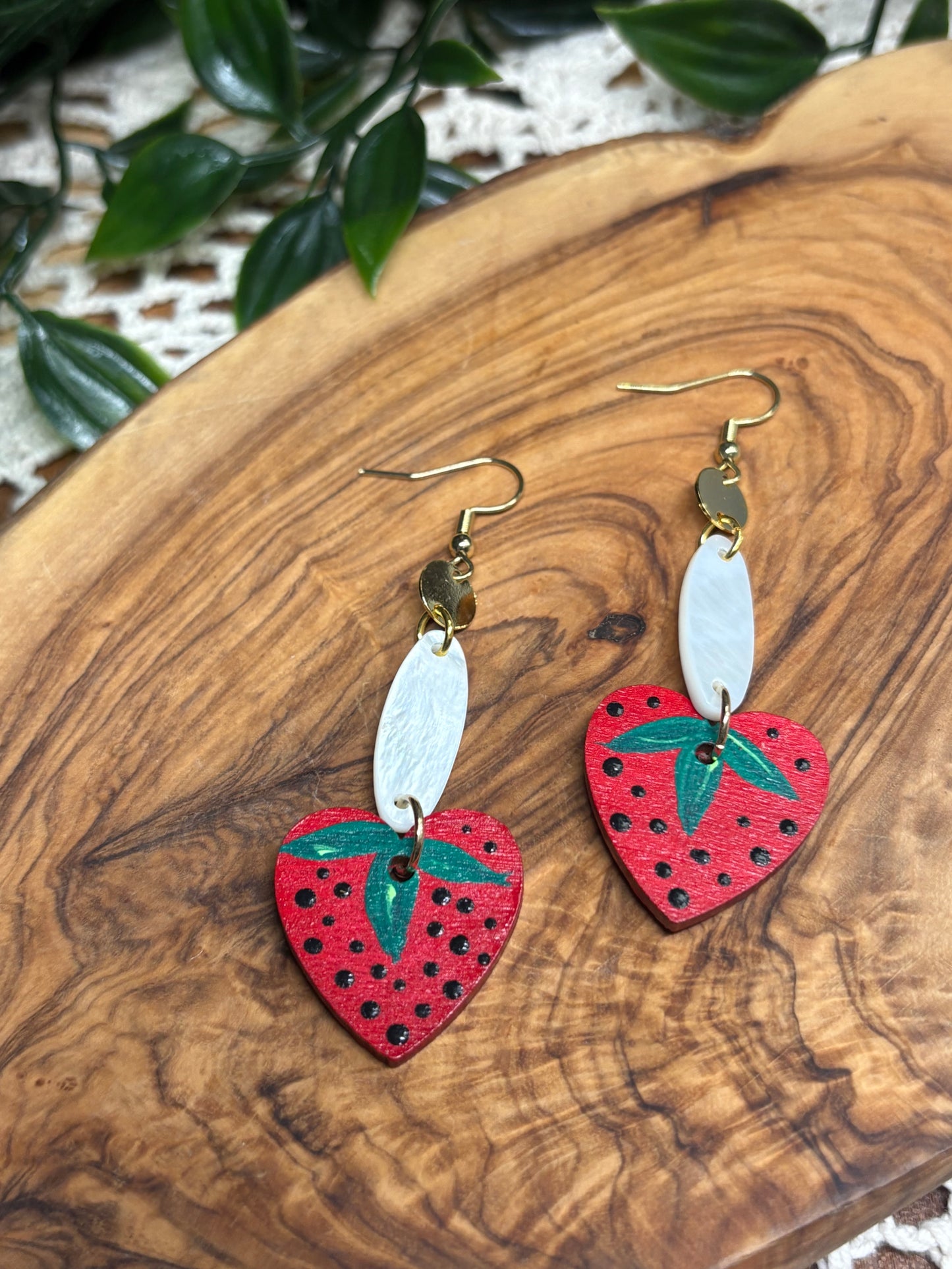 Red Strawberry & Shell Wooden Earrings
