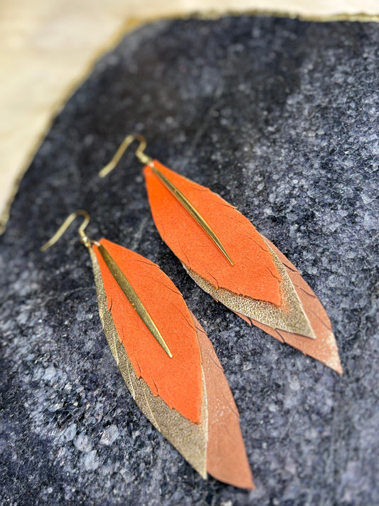 Leather Feather Earrings - Burnt Orange, & Gold
