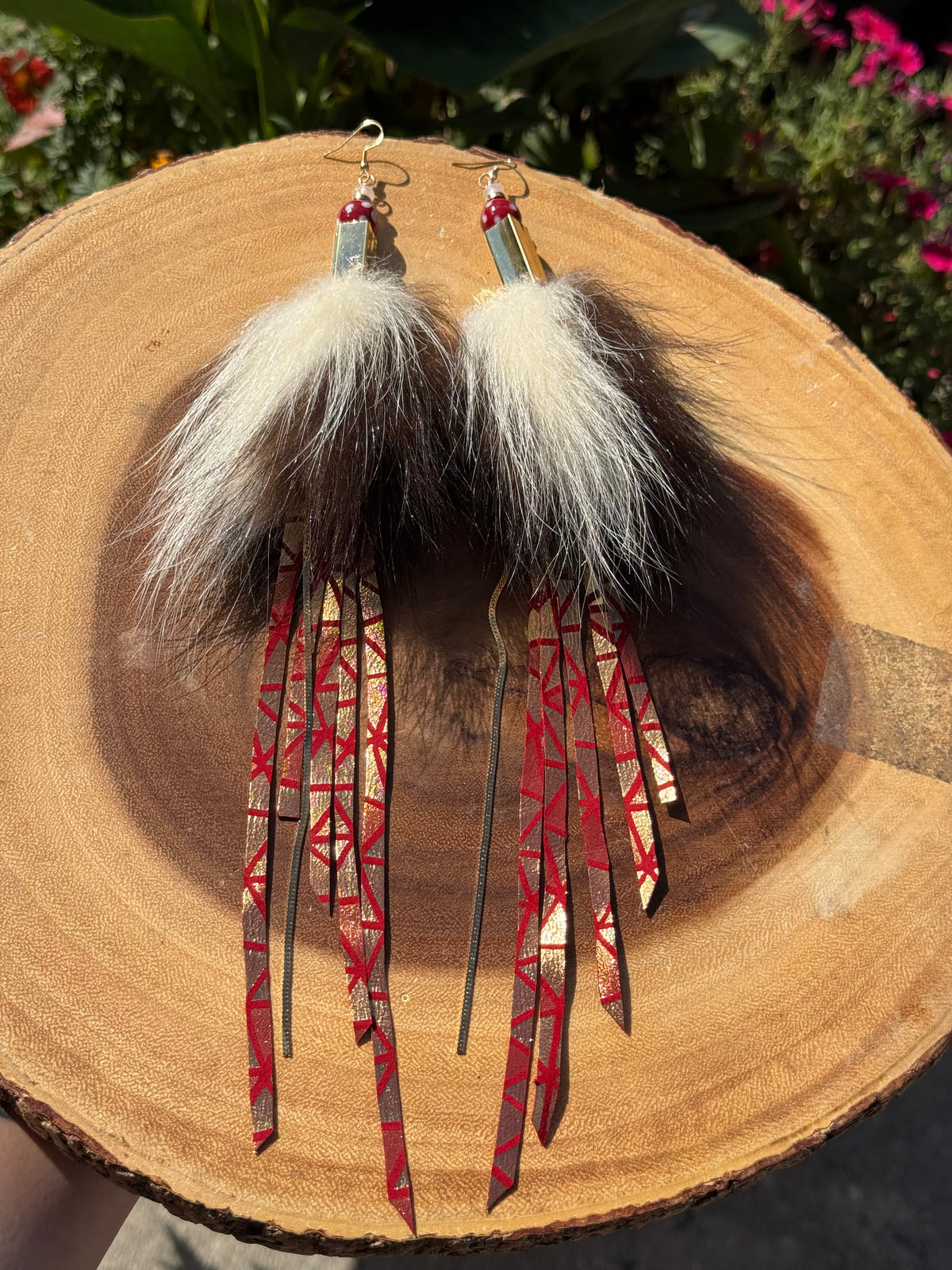 Red & Gold Leather Fringe Skunk Medicine Earrings