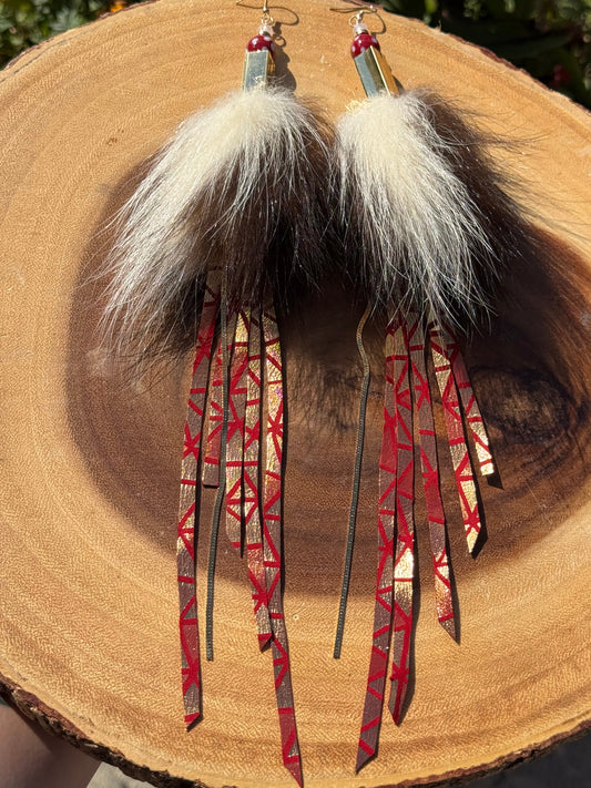 Red & Gold Leather Fringe Skunk Medicine Earrings
