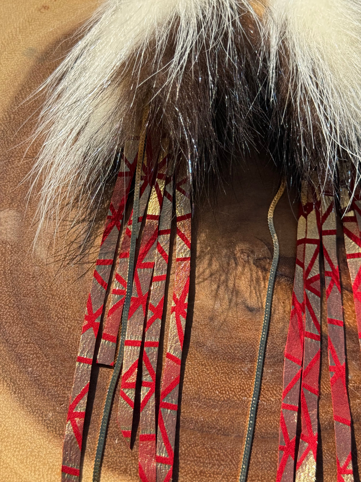 Red & Gold Leather Fringe Skunk Medicine Earrings