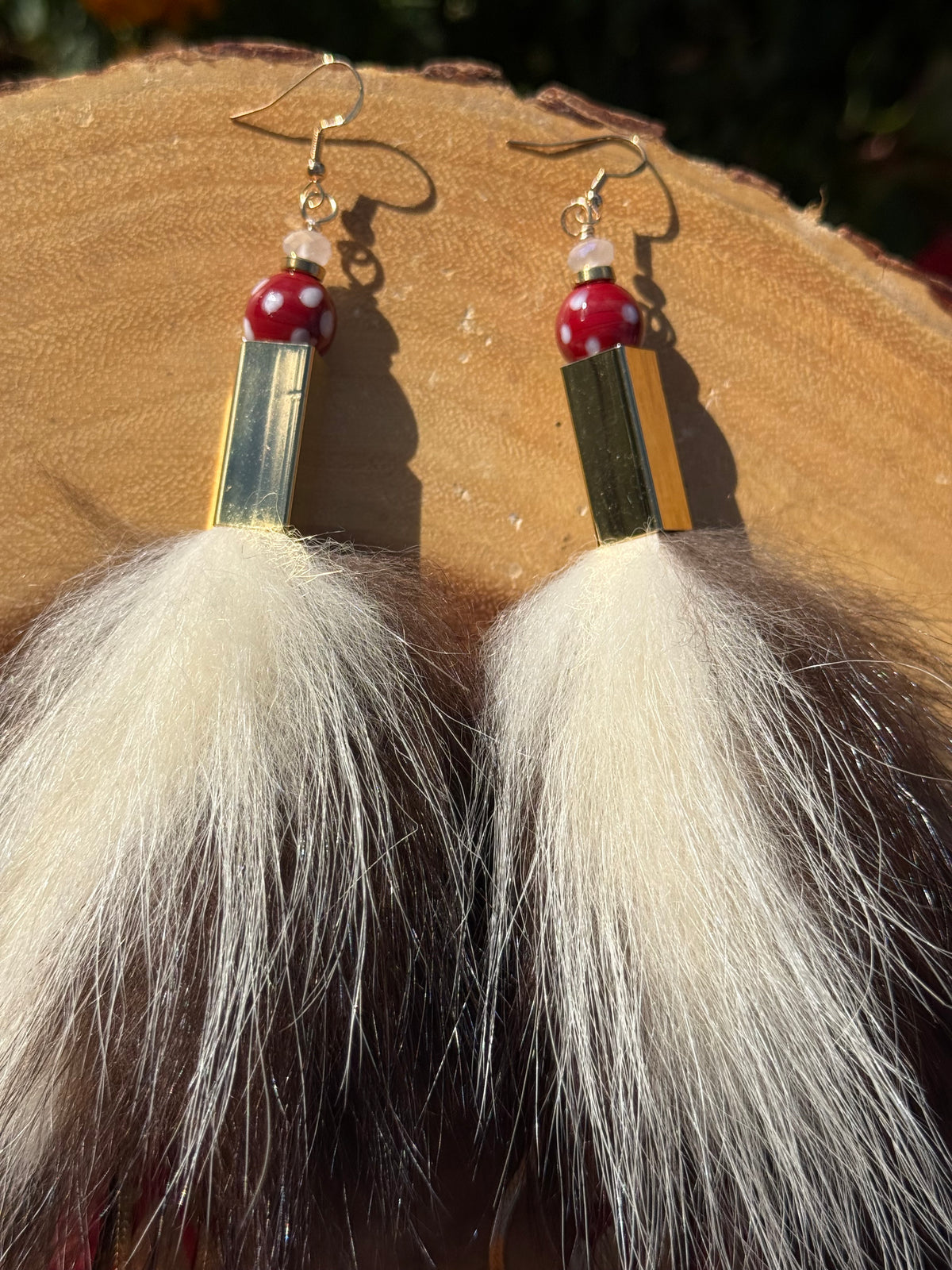 Red & Gold Leather Fringe Skunk Medicine Earrings