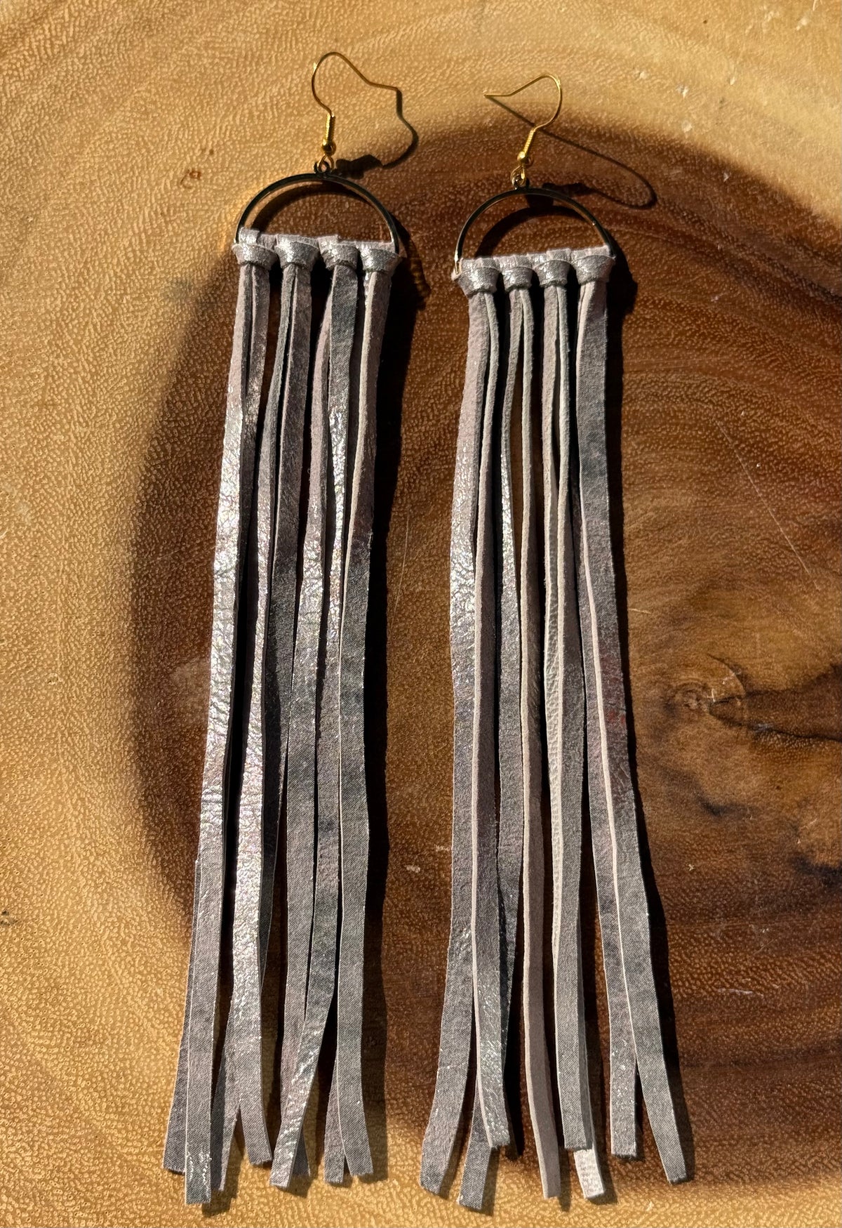 Shimmery Stone Leather Fringe Earrings
