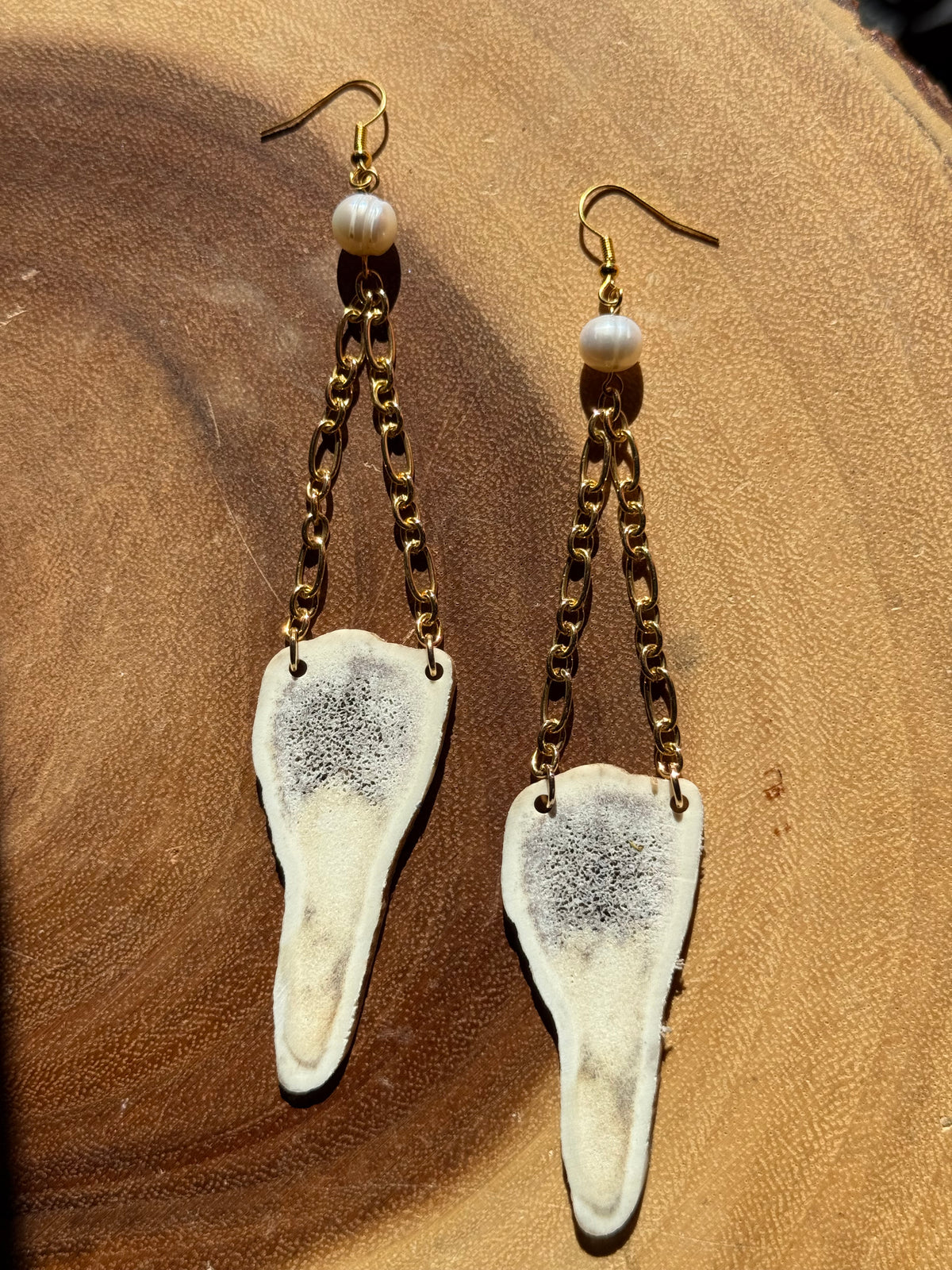 Moose Antler and Fresh Water Pearl Drop Earrings