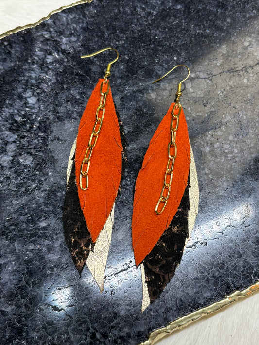 Leather Feather Earrings - Burnt Orange, Black, Gold