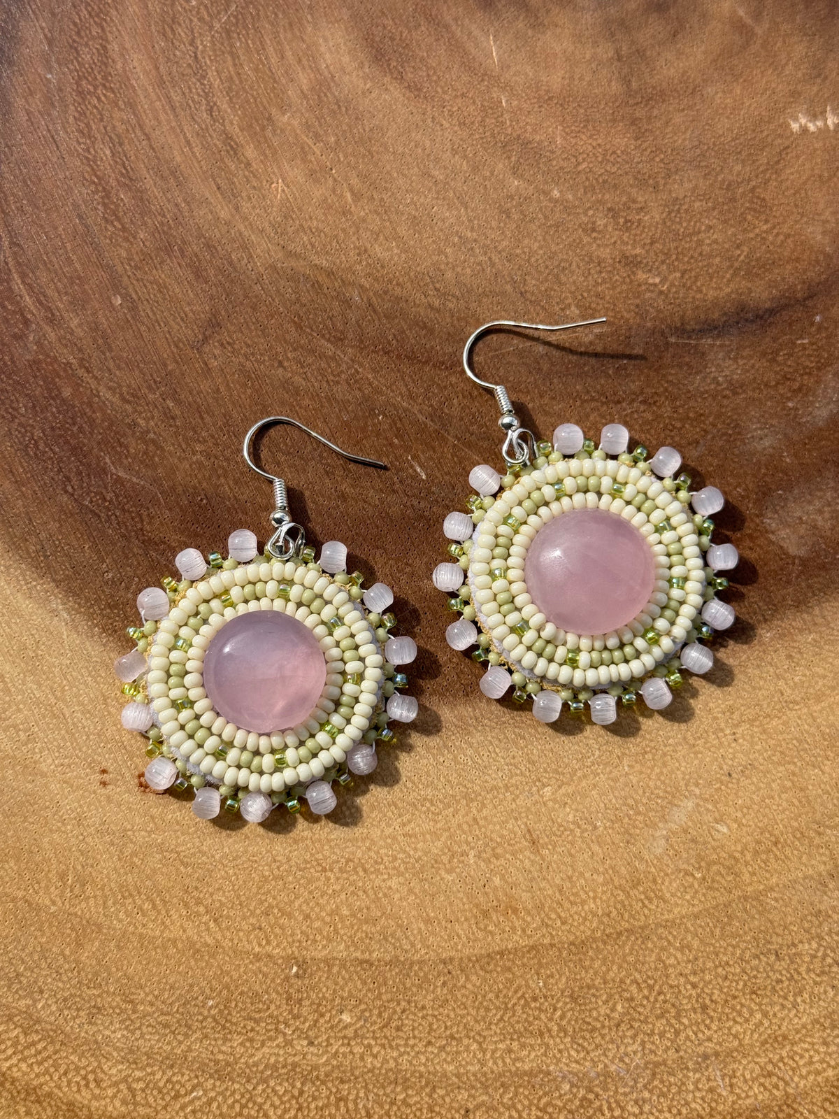 Rose Quartz Beaded Flat Stitch Earrings by Leah Joan
