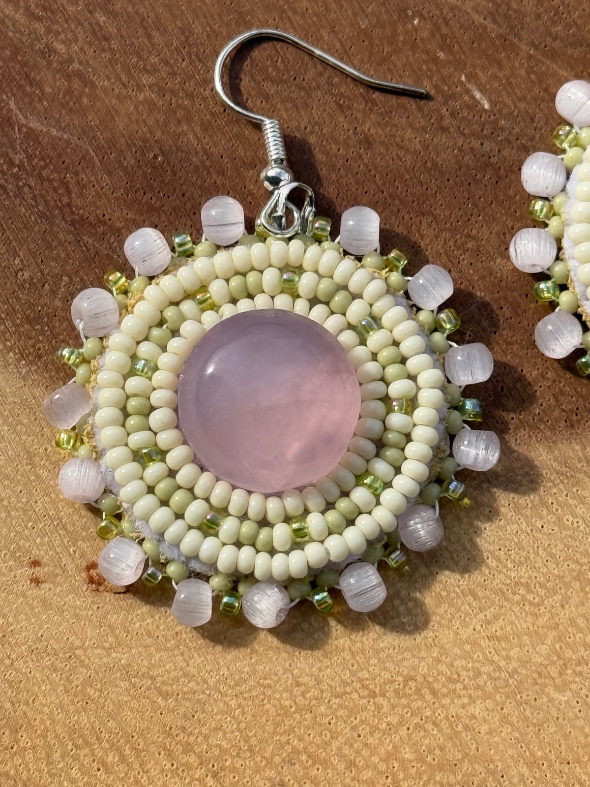 Rose Quartz Beaded Flat Stitch Earrings by Leah Joan