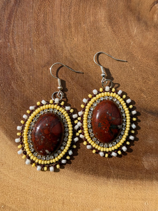 Red Jasper Beaded Flat Stitch Earrings by Leah Joan
