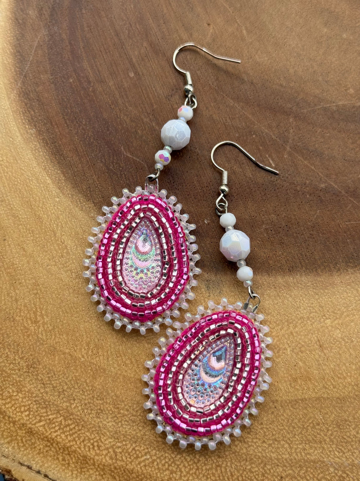 Pink Teardrop Beaded Flat Stitch Earrings by Leah Joan