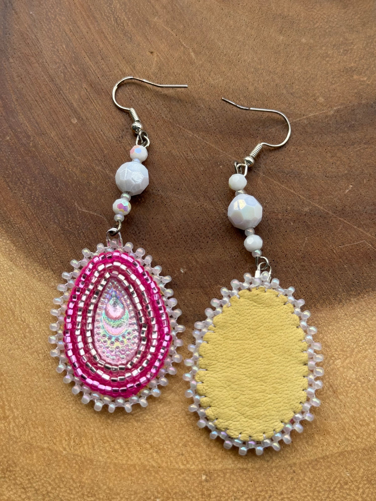 Pink Teardrop Beaded Flat Stitch Earrings by Leah Joan