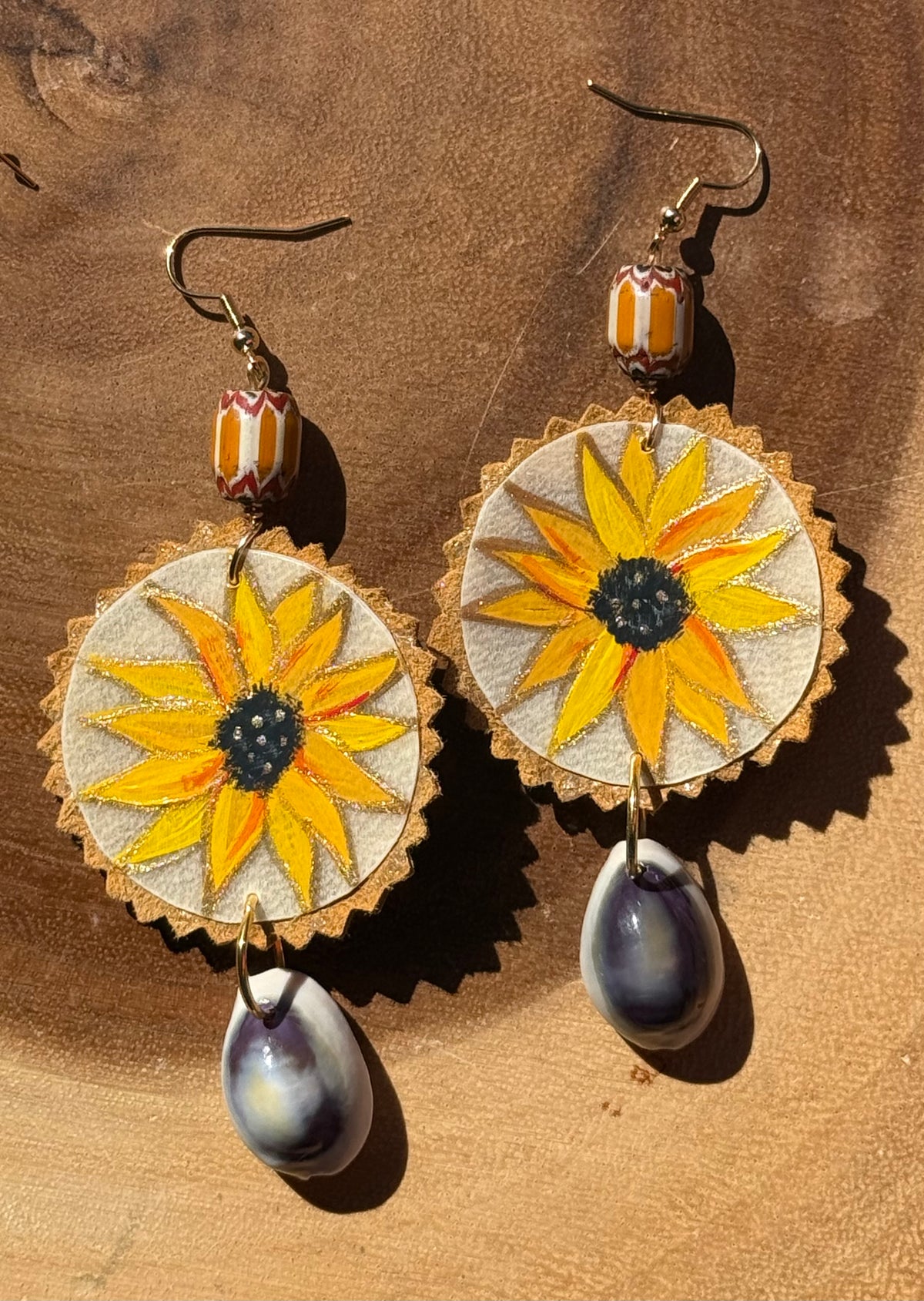 Sunflower Parfleche Painted Cowrie Shells Earrings