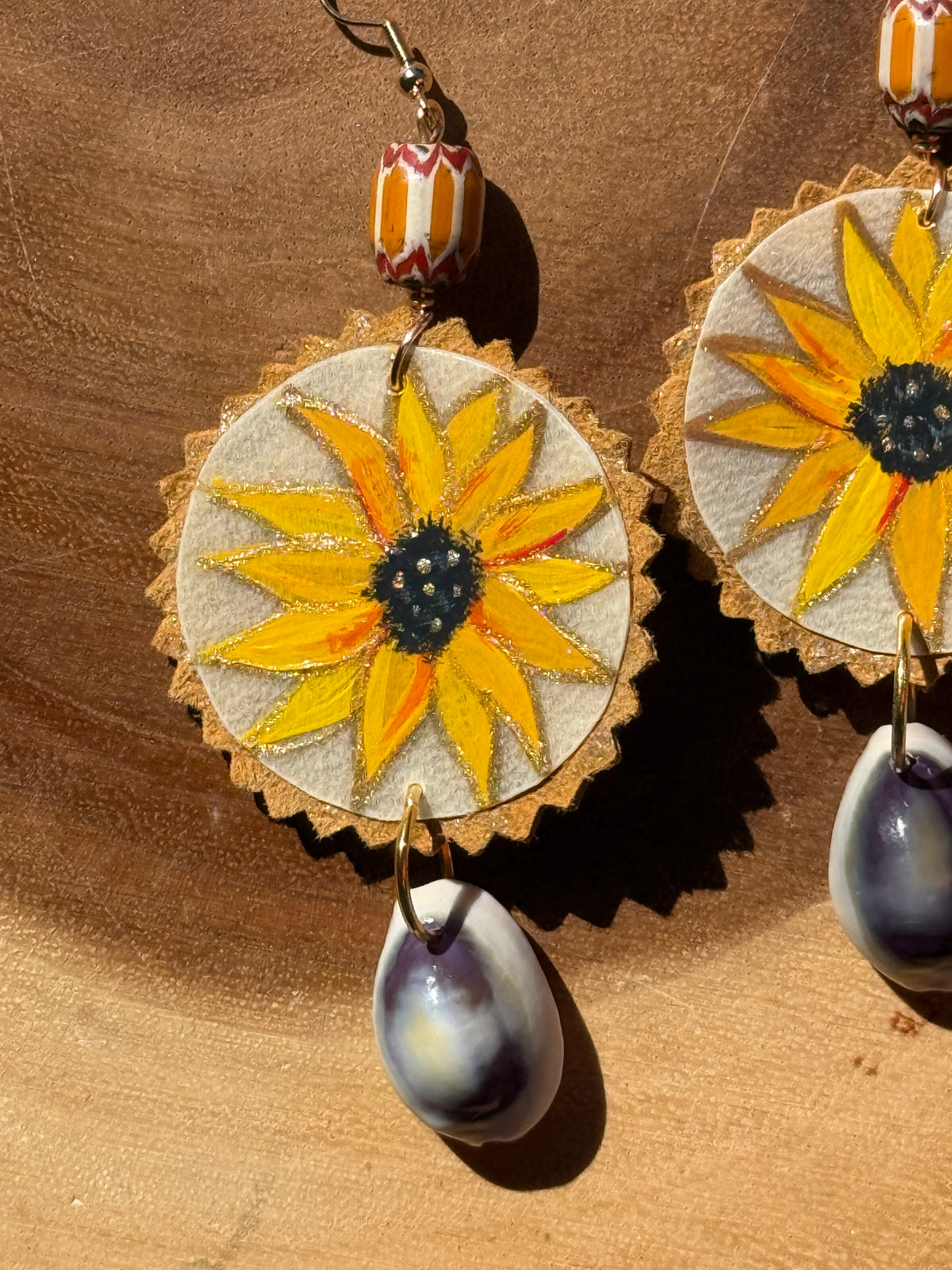 Sunflower Parfleche Painted Cowrie Shells Earrings