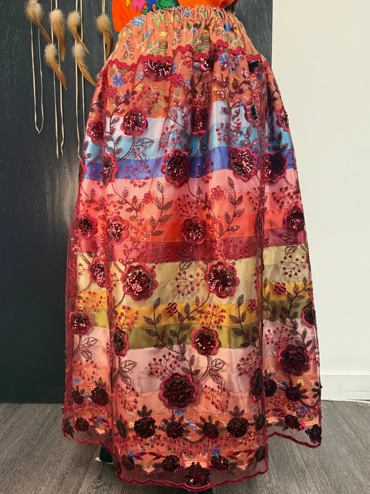 Ojibway Florals with Maroon Overlay - Ribbon Skirts by Tina Houle