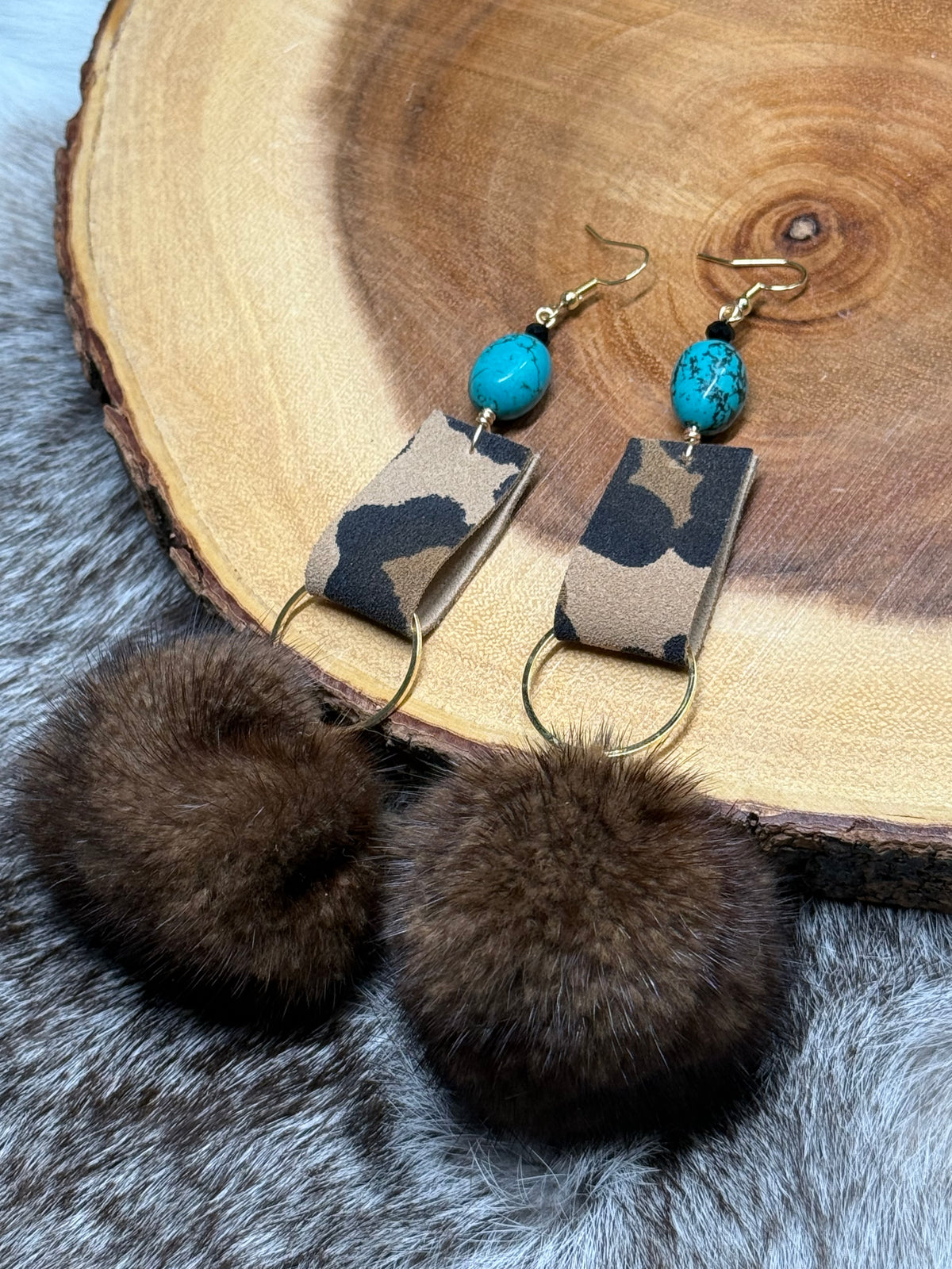 Mink Poms & Turquoise Earrings