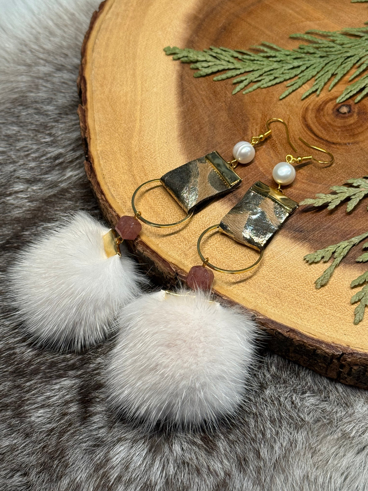Strawberry Quartz & Mink Poms Earrings