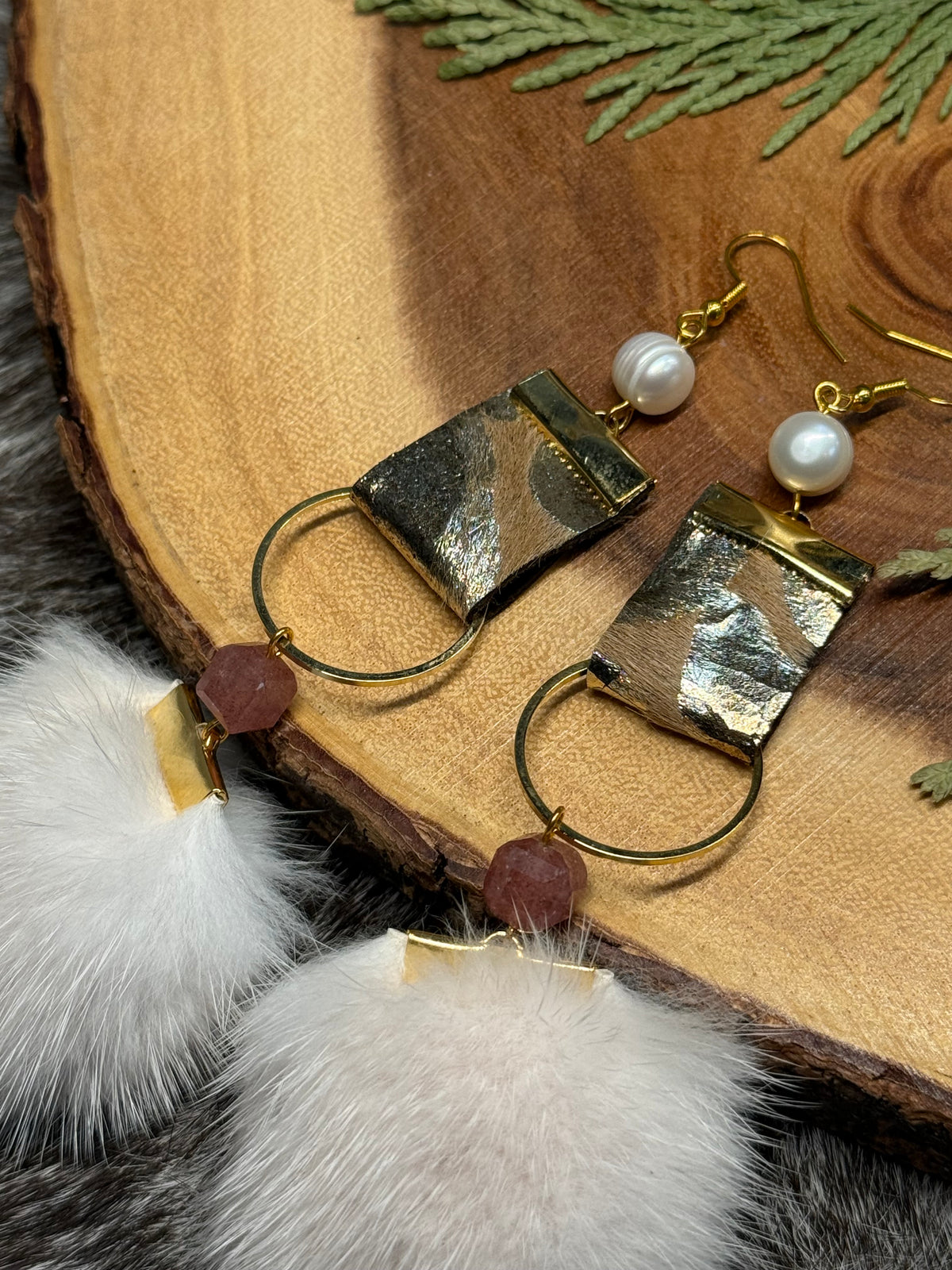 Strawberry Quartz & Mink Poms Earrings