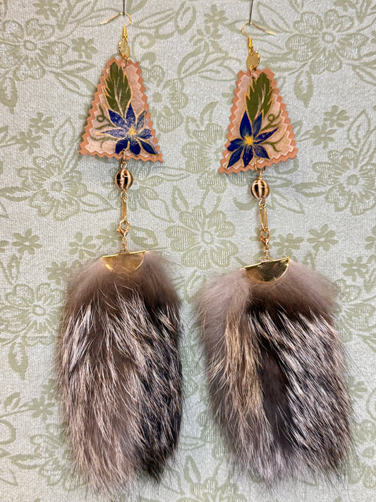 Blue Hand Painted Florals Parfleche Earrings
