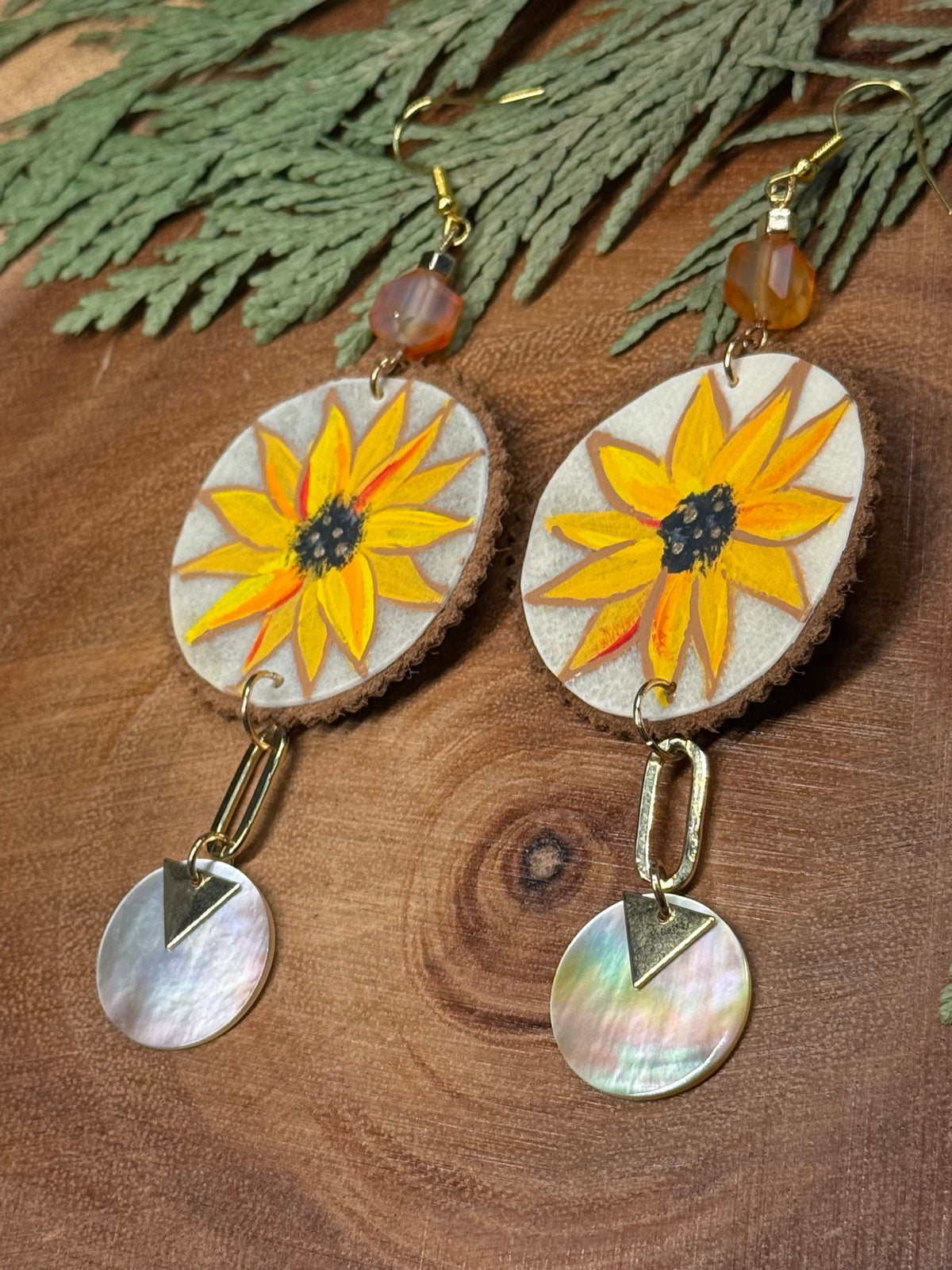 Sunflower Parfleche Painted Abalone Earrings