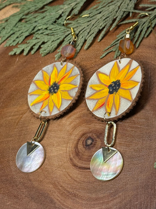 Sunflower Parfleche Painted Abalone Earrings