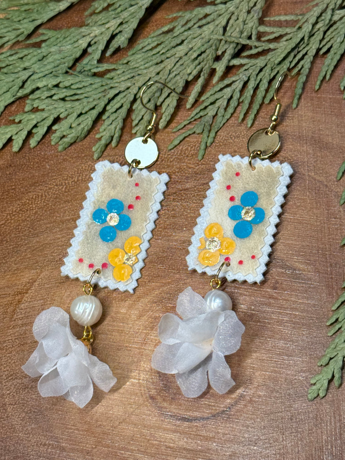 Blue & Yellow Florals Parfleche Painted Earrings