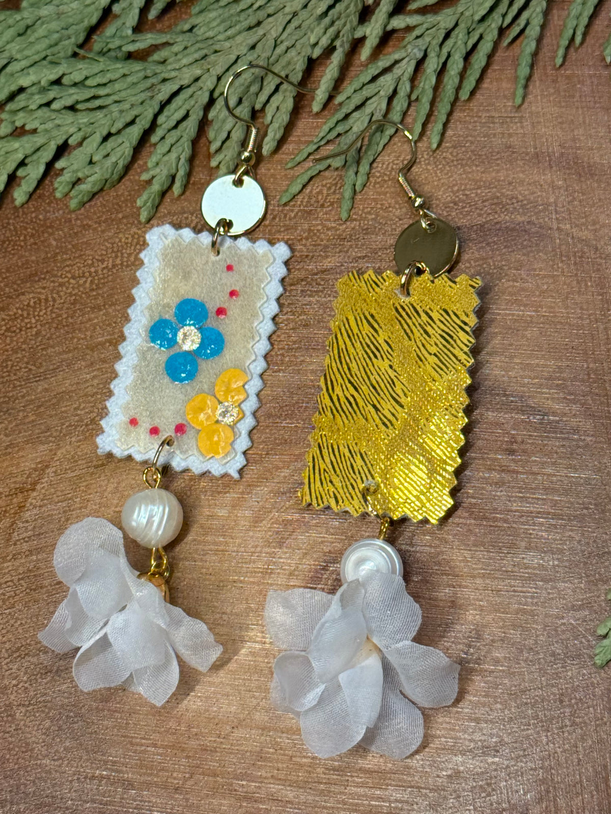 Blue & Yellow Florals Parfleche Painted Earrings