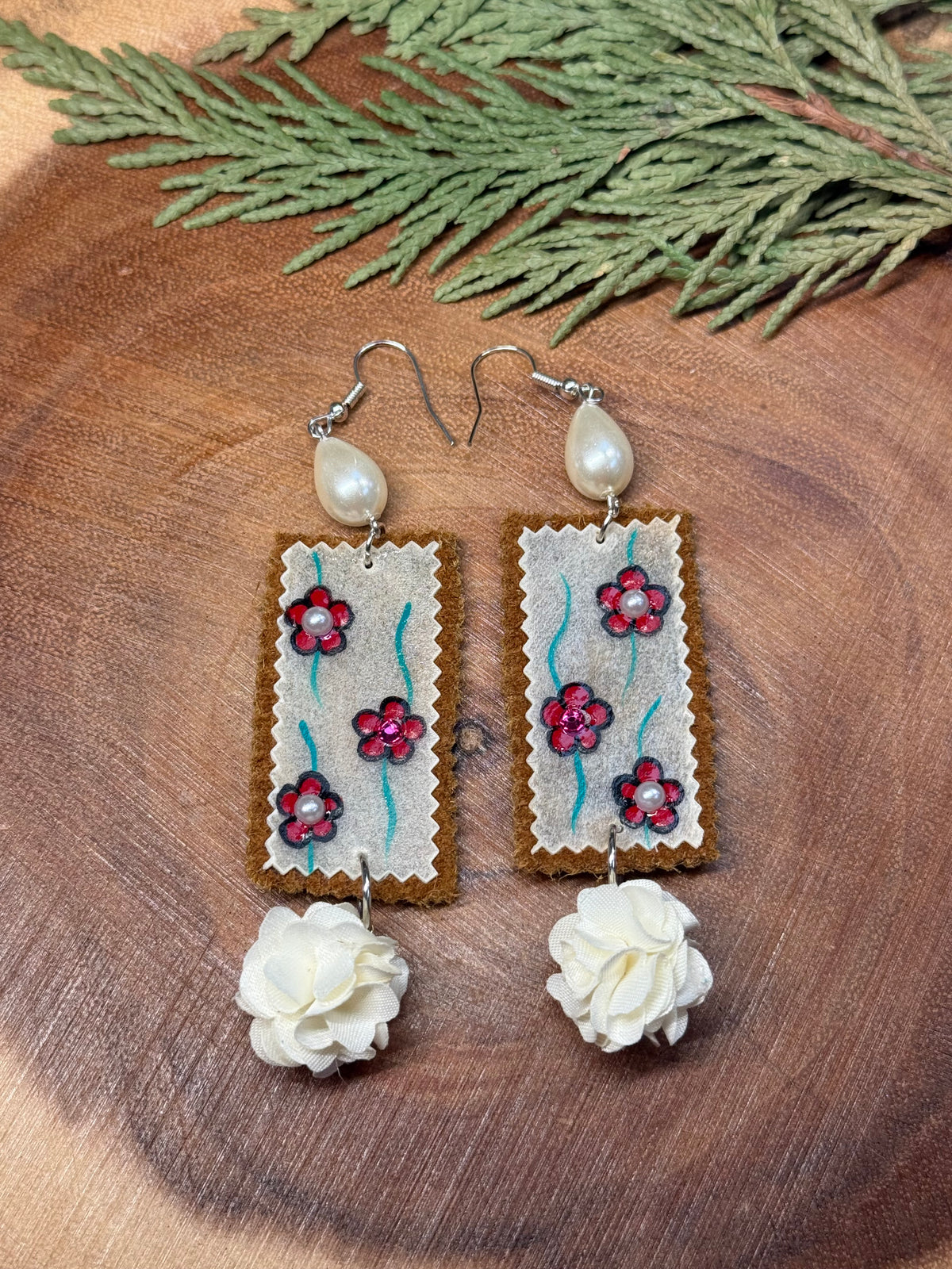 Red Florals Parfleche Painted Earrings