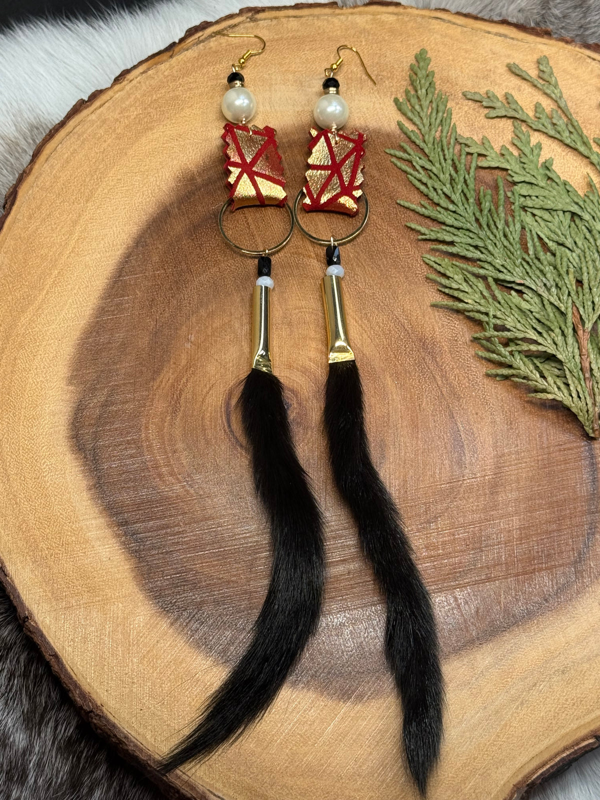 Red & Gold Leather Ermine Tail Earrings
