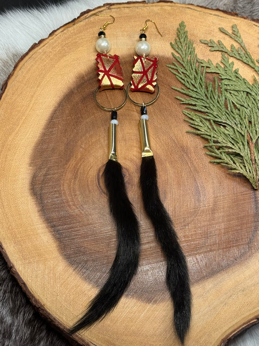 Red & Gold Leather Ermine Tail Earrings