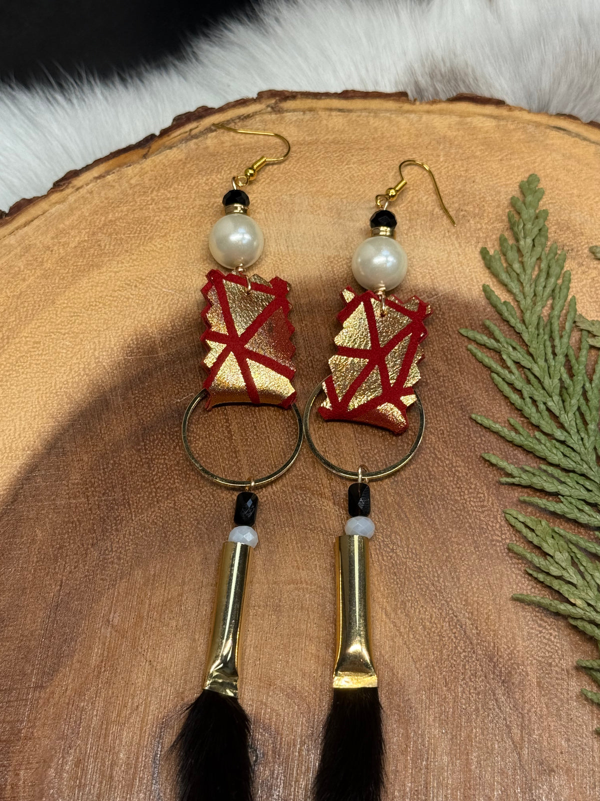 Red & Gold Leather Ermine Tail Earrings