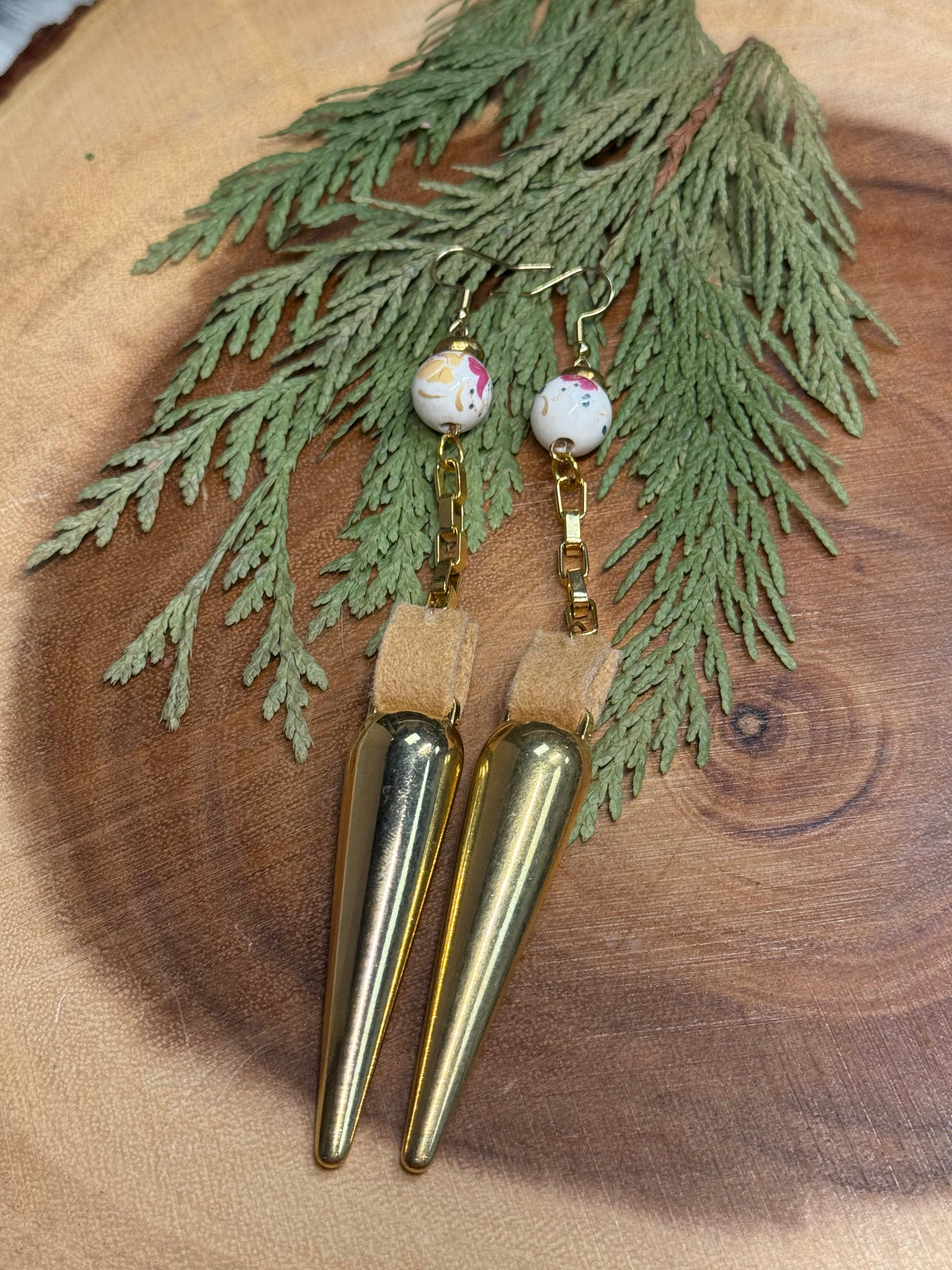 Vintage Brass Spikes on Home Tanned Moose Hide Earrings