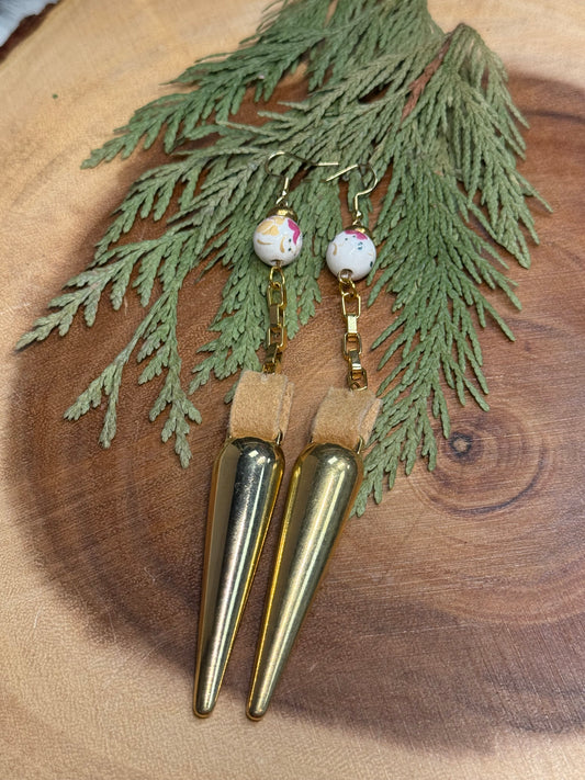 Vintage Brass Spikes on Home Tanned Moose Hide Earrings