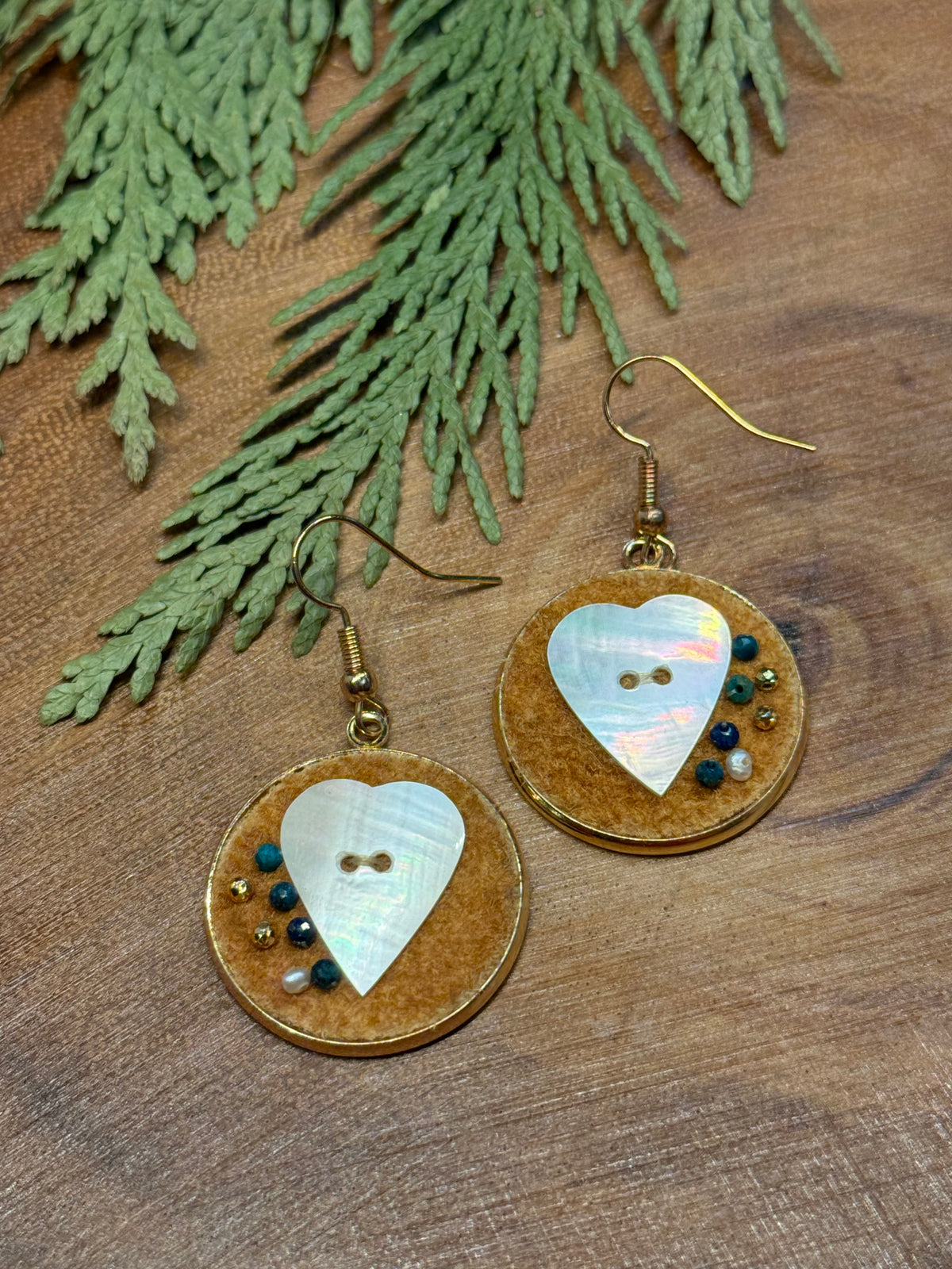 Beaded Home Tanned Moose Hide Earrings - Mother of Pearl
