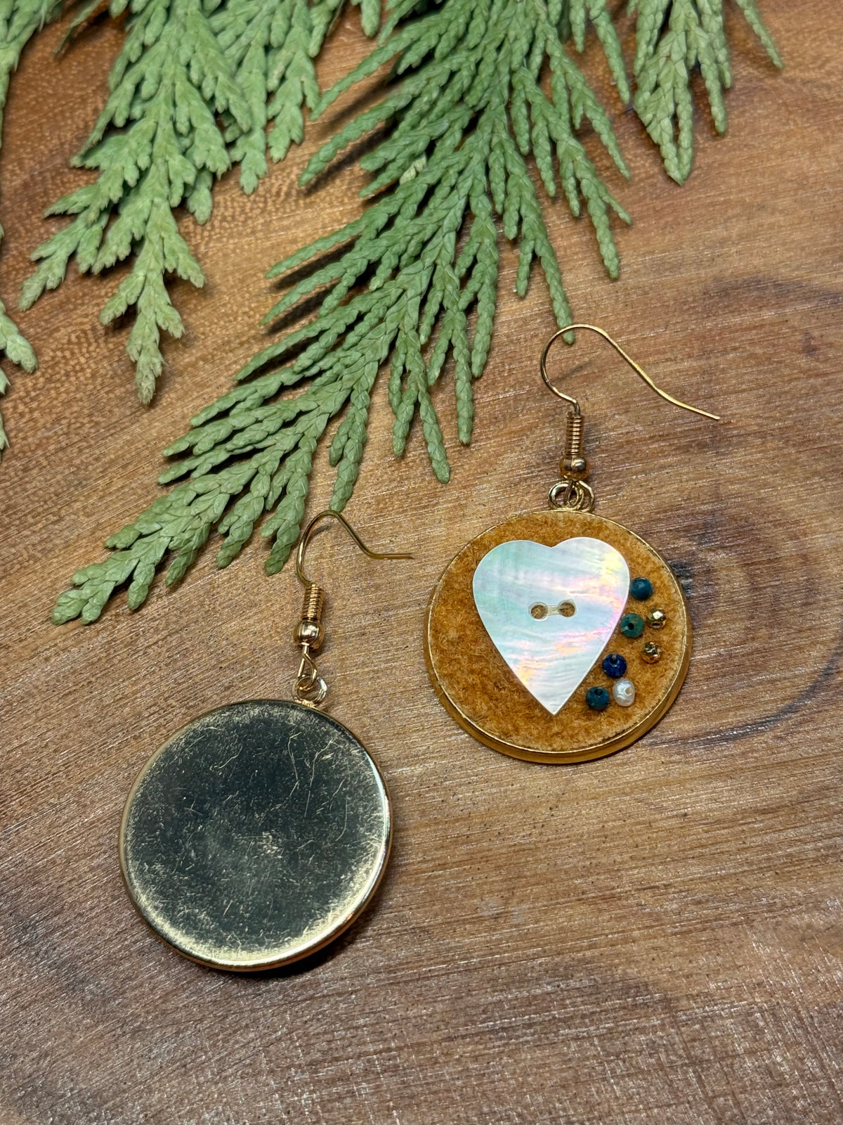 Beaded Home Tanned Moose Hide Earrings - Mother of Pearl