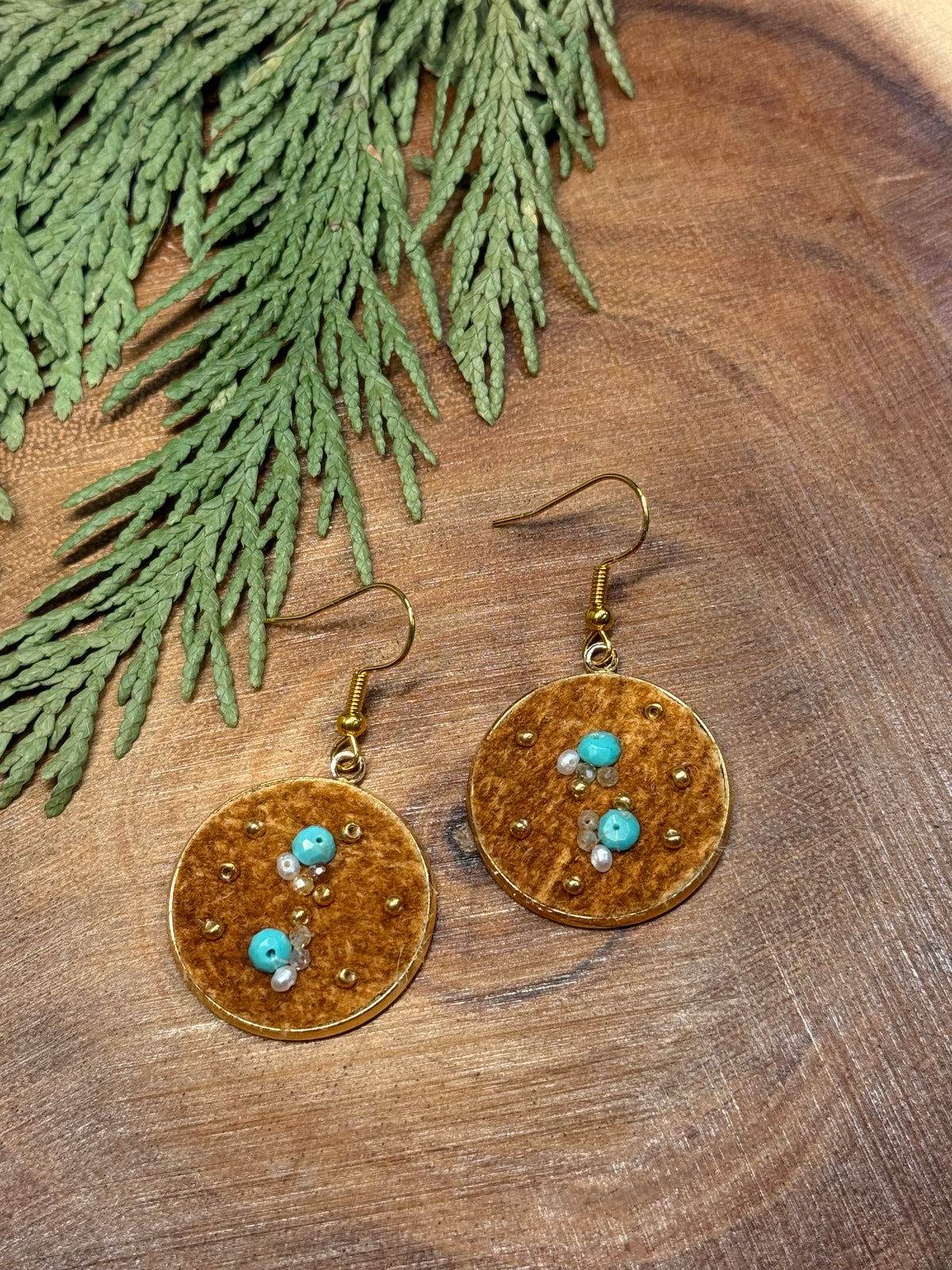 Beaded Home Tanned Moose Hide Earrings - Kingman Turquoise