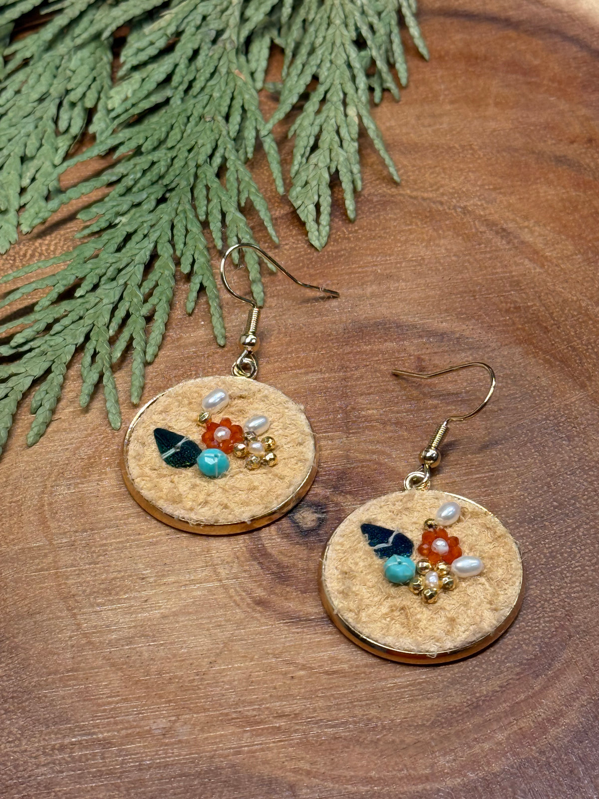 Beaded Home Tanned Moose Hide Earrings - Freshwater Pearl Florals
