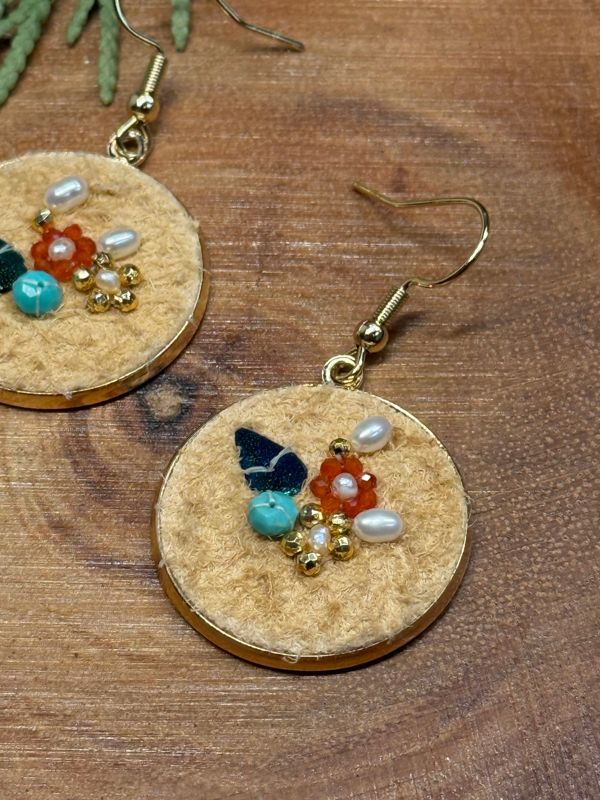 Beaded Home Tanned Moose Hide Earrings - Freshwater Pearl Florals