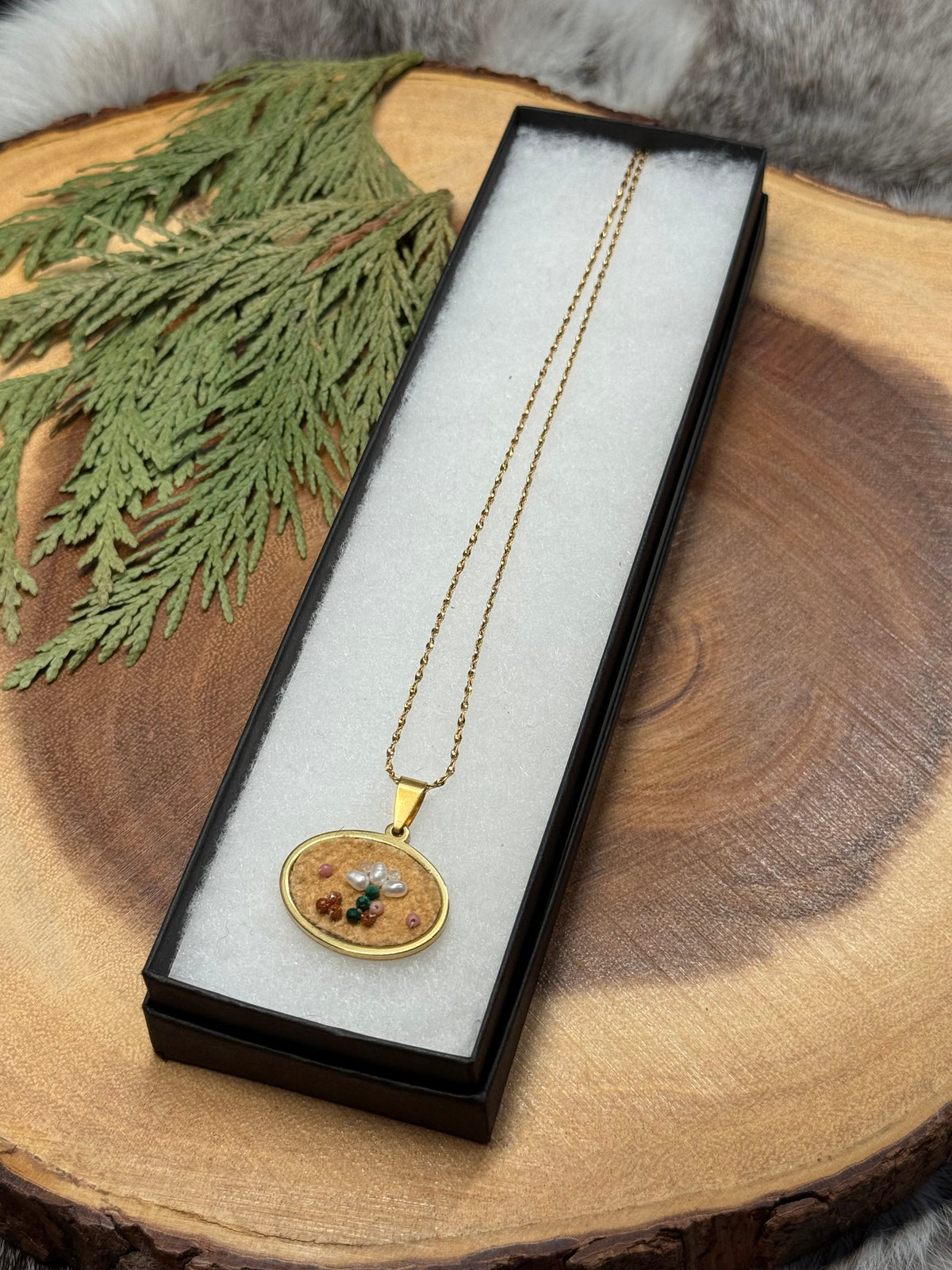 Beaded Home Tanned Moose Hide Necklace - Freshwater Pearl Florals