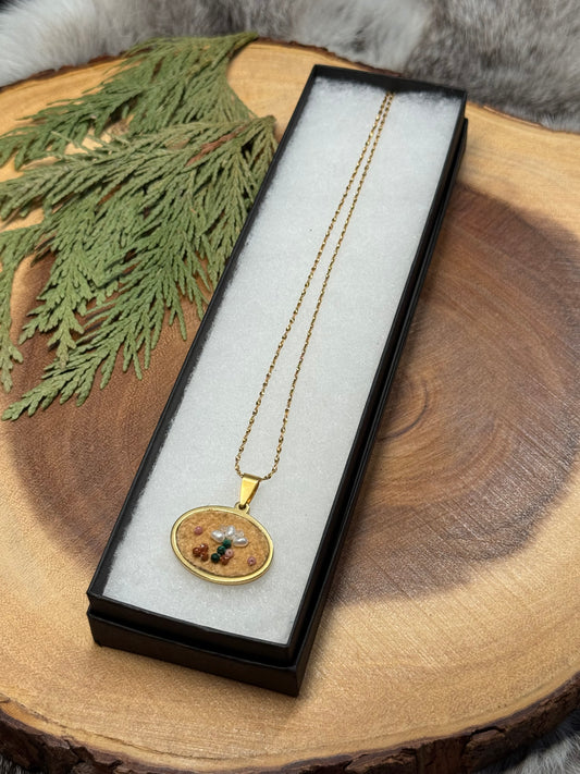 Beaded Home Tanned Moose Hide Necklace - Freshwater Pearl Florals